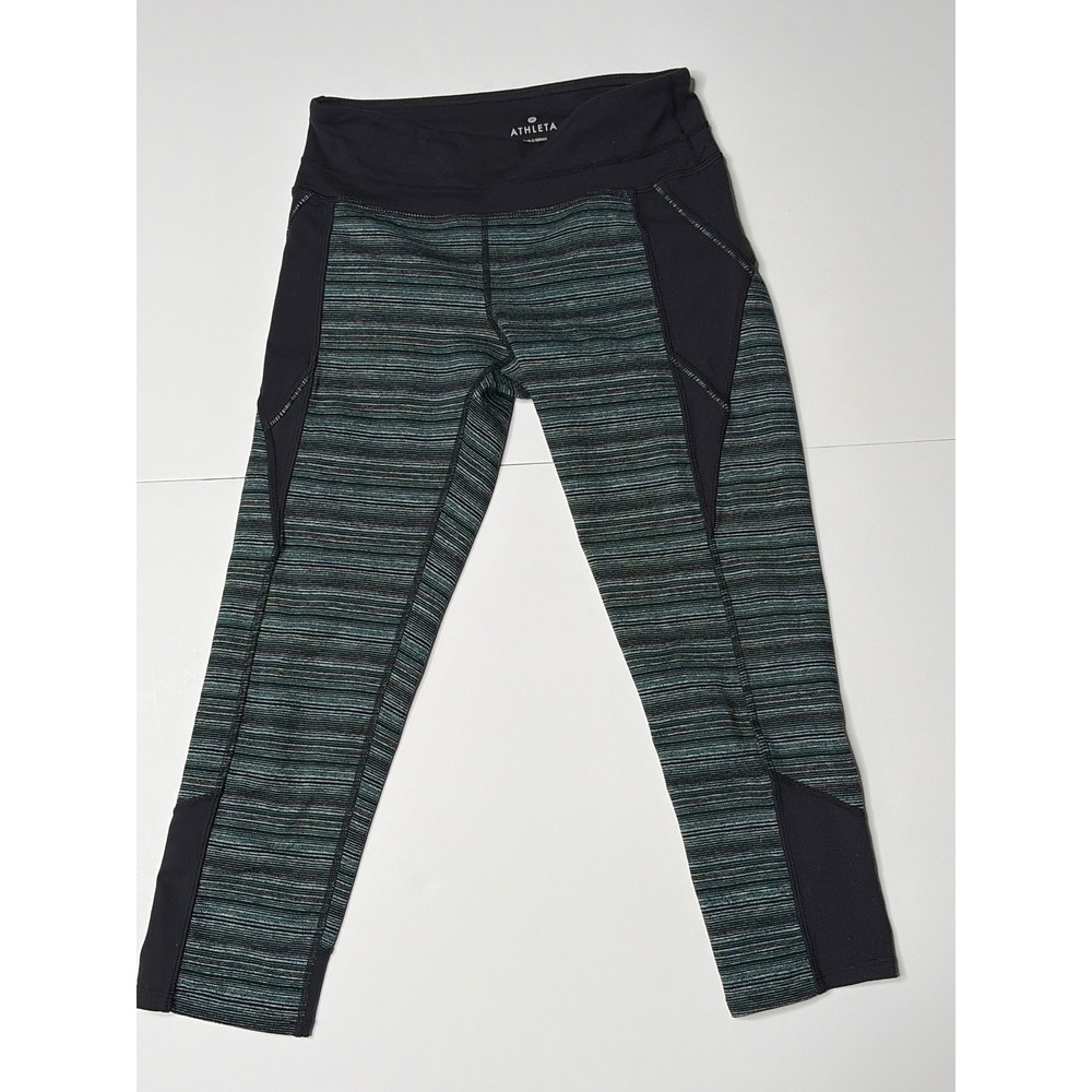 Athleta Womens Space Dye Striped Cropped Leggings Black Teal Green XS Yoga Pants